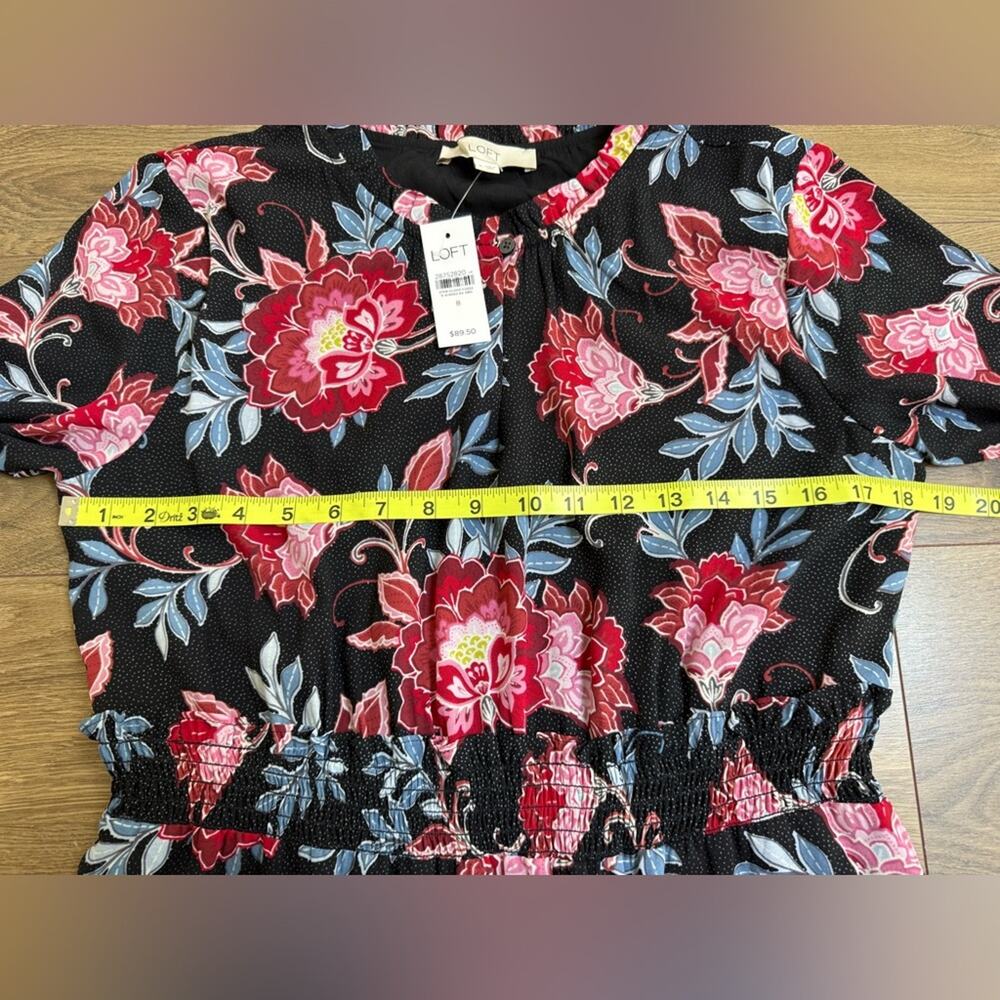 NWT LOFT Floral Smocked Waist Long Sleeve Mini Dress Black Red Blue Size 8 - Picture 7 of 9